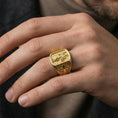 Load image into Gallery viewer, Gold plated Saint Dominic signet ring worn on finger, Catholic saint relief face with cross side panel