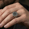Load image into Gallery viewer, Oxidized 925 sterling silver Knights Templar signet ring worn on finger, Sigillum Militum Xpisti seal cross