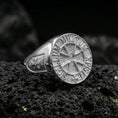 Load image into Gallery viewer, Polished silver Knights Templar ring on porous volcanic stone, templar cross seal with Sigillum Militum text