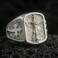 Load image into Gallery viewer, Polished silver Saint Michael signet ring on porous volcanic stone, archangel warrior engraving and cross motif sides