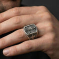 Load image into Gallery viewer, Oxidized 925 sterling silver Saint Michael ring worn on finger, archangel defeating evil relief and cross band