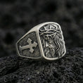 Load image into Gallery viewer, Oxidized 925 sterling silver Jesus ring on volcanic rock, Crown of Thorns relief with cross pattern side panel