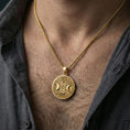 Load image into Gallery viewer, Gold plated triple moon pentagram pendant worn on neck, Celtic knot circle medallion on braided chain