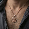 Load image into Gallery viewer, Rose gold plated triple moon pentagram necklace worn on neck, Celtic knot border medallion with pentacle