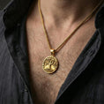Load image into Gallery viewer, Gold plated Tree of Life pendant worn on neck, Yggdrasil medallion on braided chain