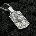 Load image into Gallery viewer, Polished silver foo dog dog tag pendant on porous volcanic stone, detailed Chinese guardian lion talisman necklace