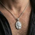 Load image into Gallery viewer, Polished silver Persephone pendant necklace worn on neck, Greek goddess mythology medallion with pomegranate and flowers