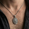 Load image into Gallery viewer, Oxidized 925 sterling silver Persephone pomegranate pendant worn on neck, Greek goddess profile oval medallion necklace