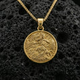 Load image into Gallery viewer, Gold plated Athena pendant on volcanic rock, Greek mythology warrior goddess coin medallion necklace with helmet and shield