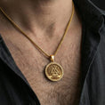 Load image into Gallery viewer, Gold plated valknut pendant worn on neck, Viking talisman medallion necklace with premium finish and detail