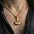 Load image into Gallery viewer, Gold plated Mjolnir pendant worn on neck, Viking Thor hammer amulet necklace with premium shine and depth
