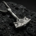 Load image into Gallery viewer, Oxidized 925 sterling silver Mjolnir pendant on volcanic rock, Thor hammer Viking necklace with rune engraving and braided chain