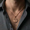 Load image into Gallery viewer, Rose gold plated Tree of Life necklace worn on neck, round life tree medallion pendant with elegant shine