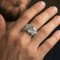 Load image into Gallery viewer, Polished silver Freemason signet ring on the finger, wearable shot highlighting the square and compass emblem and clean reflectivity