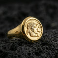 Load image into Gallery viewer, Gold plated Greek coin signet ring with an ancient-style lady profile and beaded rim detail, product-only macro on black volcanic rock