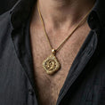 Load image into Gallery viewer, Gold plated koi fish pendant necklace worn on neck, premium styling, Japanese symbol medallion as focal point