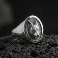 Load image into Gallery viewer, Polished silver fox head signet ring on volcanic rock, crisp sculpted ears and muzzle, clean bezel edge close-up