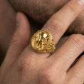 Load image into Gallery viewer, Gold plated elephant signet ring worn on finger, premium lifestyle framing, statement elephant signet with ornate side engraving