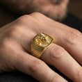 Load image into Gallery viewer, Gold plated ram signet ring worn on finger, horned goat head ring for him