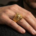 Load image into Gallery viewer, Gold plated wolf head ring worn on finger, bold wolf jewelry for men modern style