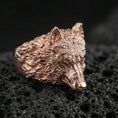 Load image into Gallery viewer, Rose gold plated wolf head ring on volcanic rock, textured wolf face ring gift for him