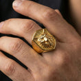 Load image into Gallery viewer, Gold plated wolf signet ring worn on finger, bold animal jewelry look for men