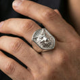 Load image into Gallery viewer, Polished silver wolf head ring on hand, statement signet ring lifestyle close detail