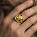 Load image into Gallery viewer, Gold plated wolf signet ring worn on finger, bold Nordic animal jewelry look