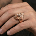 Load image into Gallery viewer, Rose Gold plated lion signet ring worn on finger, powerful animal totem jewelry aesthetic