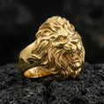 Load image into Gallery viewer, Gold plated roaring lion ring on volcanic stone, king of beasts design with strong masculine profile