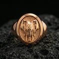 Load image into Gallery viewer, Rose gold plated elephant head ring on volcanic rock, sharp macro product photo showcasing the oval face and detailed elephant portrait relief
