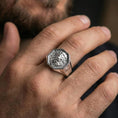Load image into Gallery viewer, Polished silver geometric lion ring on a hand, close-up emphasizing clean edges and detailed mane