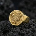 Load image into Gallery viewer, Sterling silver Armenian coat of arms signet ring with a gold plated finish, octagon signet design with Armenian heraldic crest and intricate engraved details, macro on volcanic rock