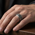Load image into Gallery viewer, Oxidized oriental dragon band ring worn on a finger, lifestyle framing showing realistic scale and bold vintage contrast in a natural hand pose.