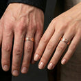 Load image into Gallery viewer, Rose gold plated hammered texture band ring worn on a finger, lifestyle image emphasizing warm rose tone, faceted texture, and refined minimalist presence.