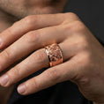 Load image into Gallery viewer, Sterling silver Masonic square and compass band ring worn on a finger, rose gold plated look with refined warmth and crisp engraved detail for everyday styling.