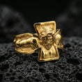 Load image into Gallery viewer, Gold plated sterling silver crucifix Jesus ring on volcanic rock, detailed Christ relief with bold open cross frame, luxury jewelry product photography.