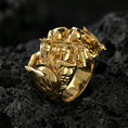 Load image into Gallery viewer, Sterling silver ancient battle ring with a gold plated finish, detailed Spartan hoplite scene and heroic warrior motif, macro product shot on volcanic rock