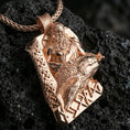 Load image into Gallery viewer, Rose gold plated Njord Norse sea god pendant necklace on textured volcanic rock, centered studio-style close-up showcasing soft rosy glow and intricate Norse relief detailing with visible rune symbols.