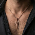 Load image into Gallery viewer, Rose gold plated Gungnir spear pendant necklace worn on the neck, lifestyle wear shot with elegant rosy shine and crisp engraved spear detailing visible.