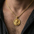 Load image into Gallery viewer, Gold plated imperial guardian lion pendant necklace worn on the neck, lifestyle photo featuring warm tone finish and strong statement talisman presence.