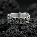 Load image into Gallery viewer, Oxidized sterling silver Japanese dragon band ring on volcanic stone, macro close-up emphasizing deep carving, scales, and high-contrast antique detailing.