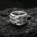 Load image into Gallery viewer, Polished silver layered studded band ring on volcanic stone, crisp macro shot emphasizing clean reflections, stacked structure, and precision dot detailing.