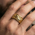 Load image into Gallery viewer, Koi fish spinner band ring worn on a finger, gold plated finish delivering a strong statement look while keeping the koi motif sharp.