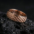 Load image into Gallery viewer, Rose gold plated sterling silver lattice band on volcanic stone, intricate diamond grid texture with refined edges, minimal high-end close-up.