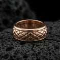 Load image into Gallery viewer, Rose gold plated sterling silver quilted band on volcanic stone, sculpted diamond grid texture with deep contrast, minimal high-end close-up.