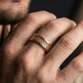 Load image into Gallery viewer, Rose gold plated beaded texture band ring worn on finger, raised dot pattern detail with clean borders, elegant lifestyle wear shot.