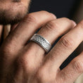 Load image into Gallery viewer, Polished silver dot texture ring on finger, crisp beaded pattern and ridged edge detail, refined everyday wear close-up.