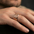Load image into Gallery viewer, Rose gold plated scale band ring worn on finger, sculpted teardrop scale texture detail, elegant lifestyle wear shot.