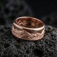 Load image into Gallery viewer, Rose gold plated sterling silver mountain landscape band on volcanic stone, engraved peak skyline with strong contrast detail, minimal high-end close-up.